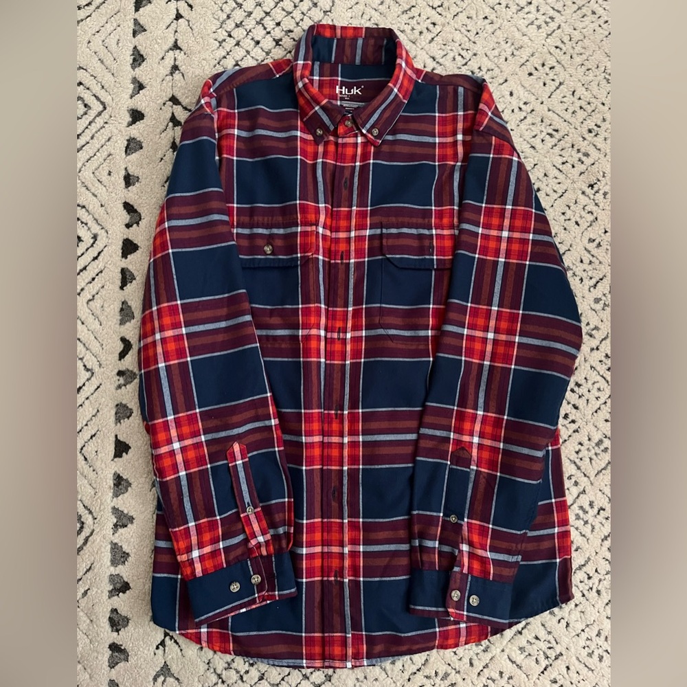 Huk Men's Navy and Crimson Plaid Shirt
